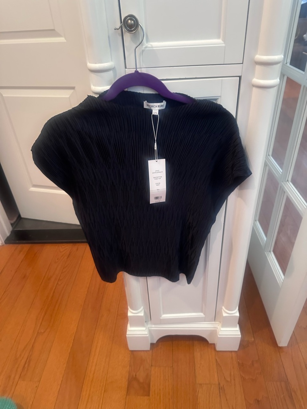 Veronica Beard Navy Pleated Short Sleeve Top